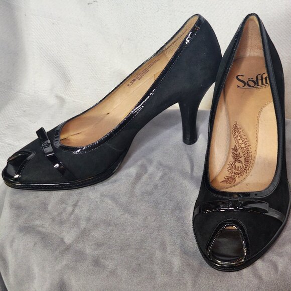 Sofft Black Suede and Patent Leather 3" Peep Toe Bow Detail Dress Pump Size 6.5M - Picture 3 of 16